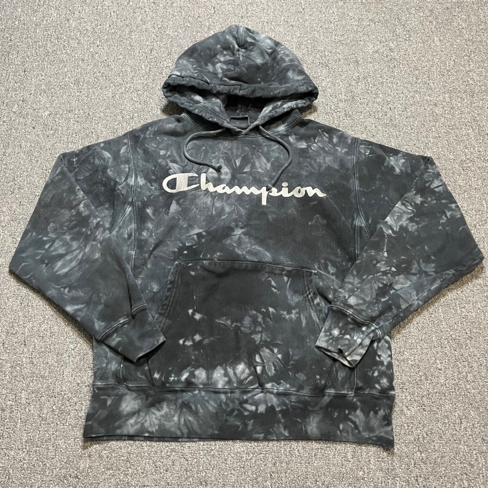 Champion Reverse Weave Hoodie Medium Black Tie Dye Silver‎ Script Logo